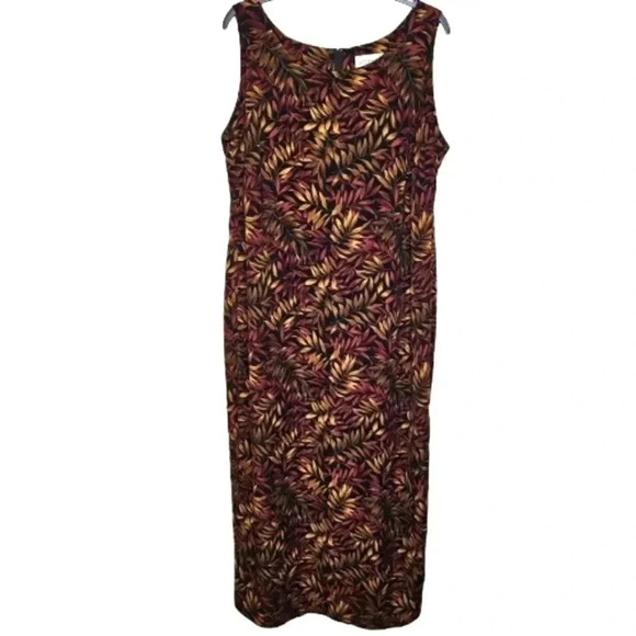 Studio 1 Women's Sleeveless Leafy Floral Tan Burgundy Maxi Sheath Dress Size 16W - Picture 1 of 5